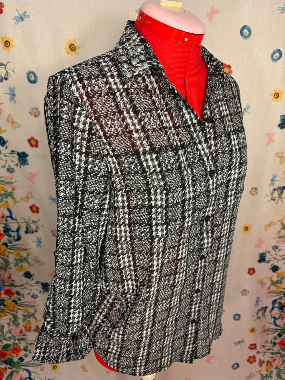 Michael Kors - Studded Collar Black and White Tweed-Pattern Sheer Button Blouse